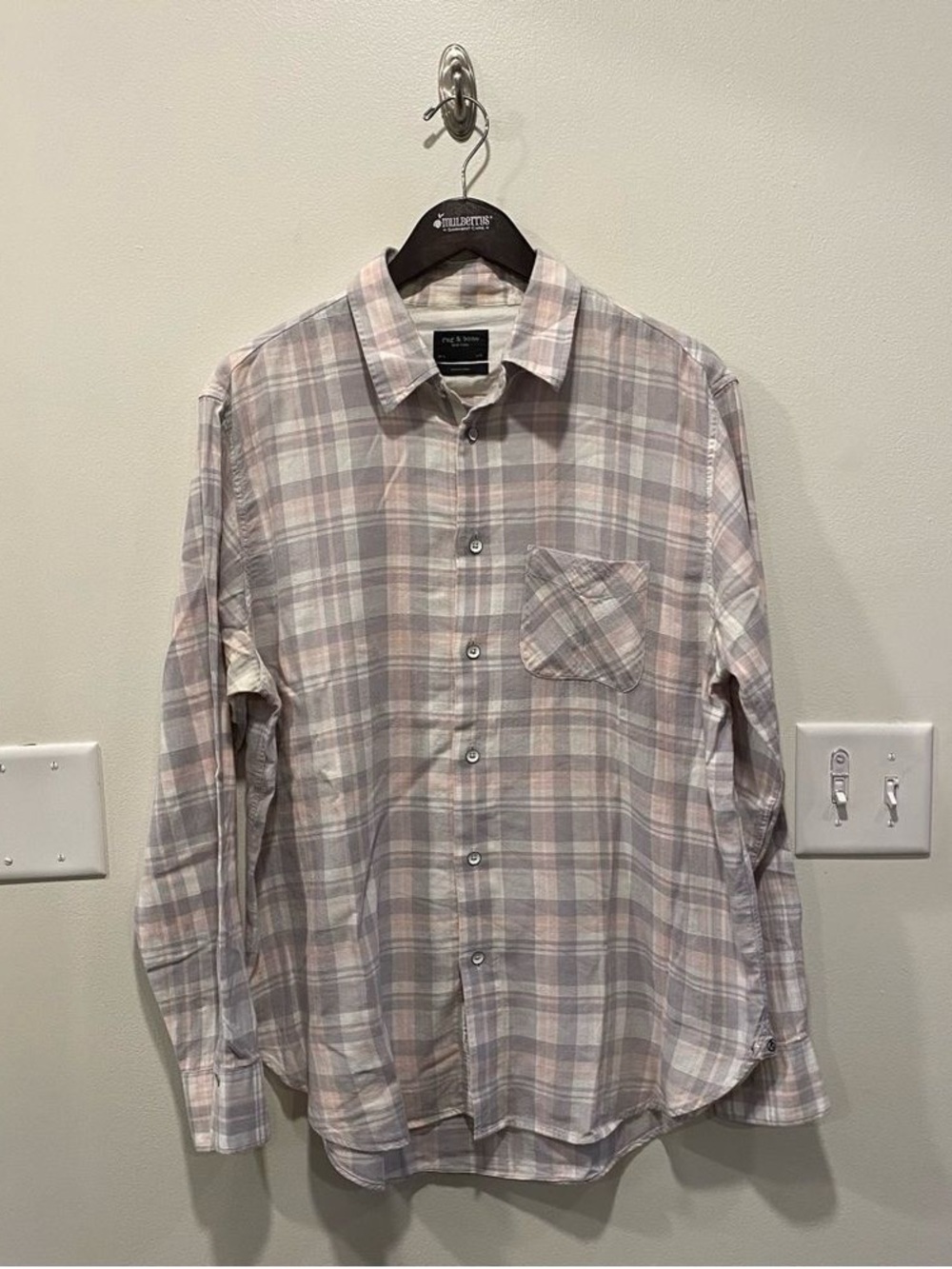 Men's Plaid Button-Up Shirt - Light Pink & Gray